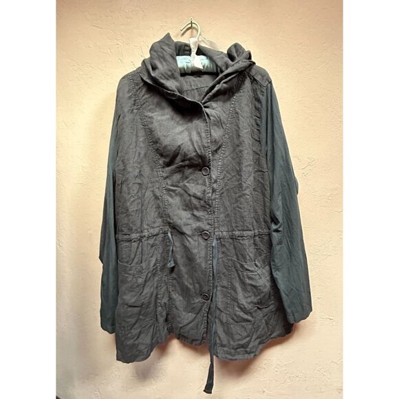 FLAX Women's Linen Blend Boardwalk Style Hoodie Jacket Large Gray Pockets New